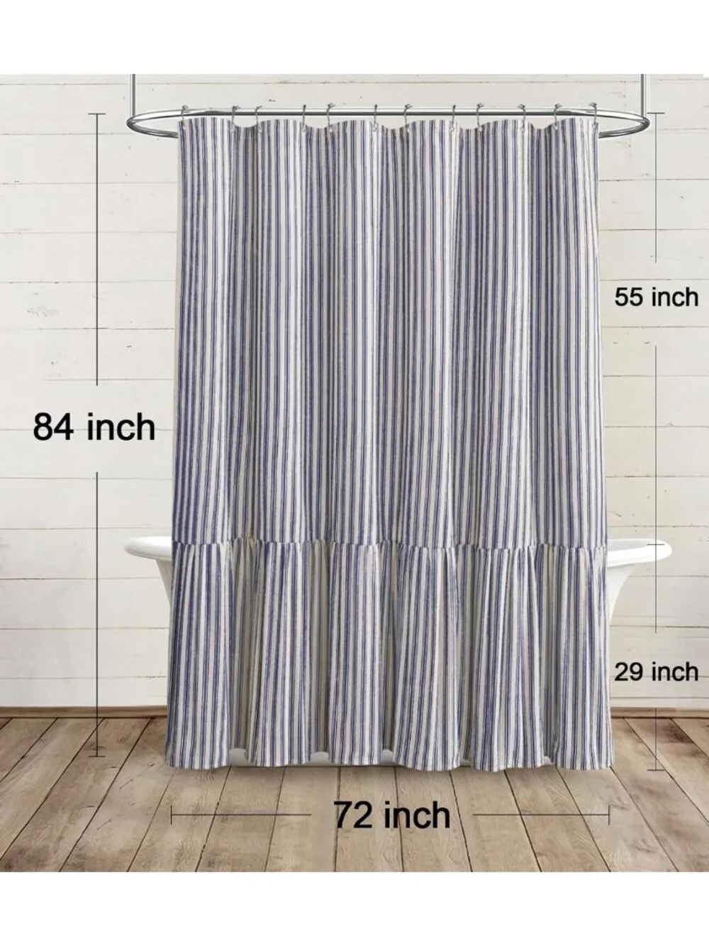 Chic Farmhouse Ruffle Shower Curtain, Cream-Blue Stripe, 72